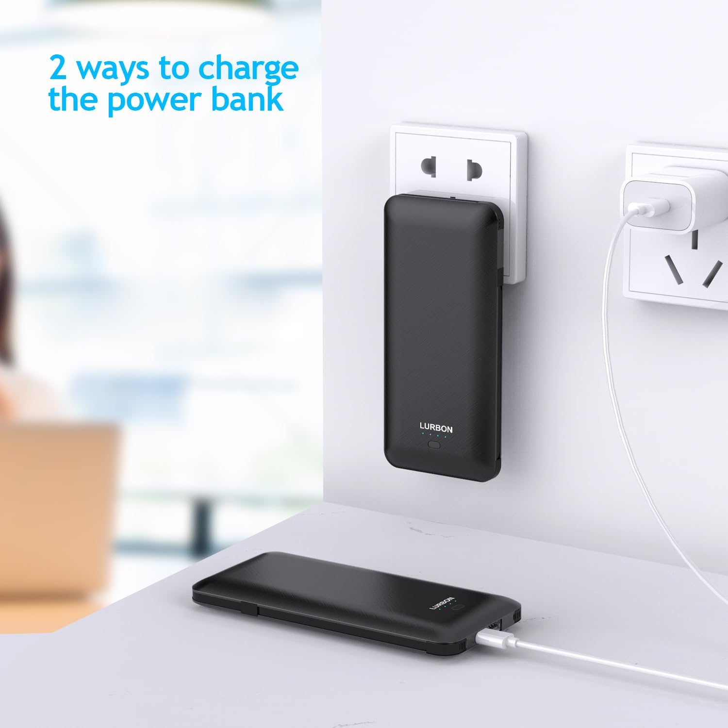 10000 mAh Portable Charger Power Bank,Slim External Battery Pack with Built in AC Wall Plug, USB C Cable Total 3 Different Cables Compatible with Cell Phone Tablet - Image 4