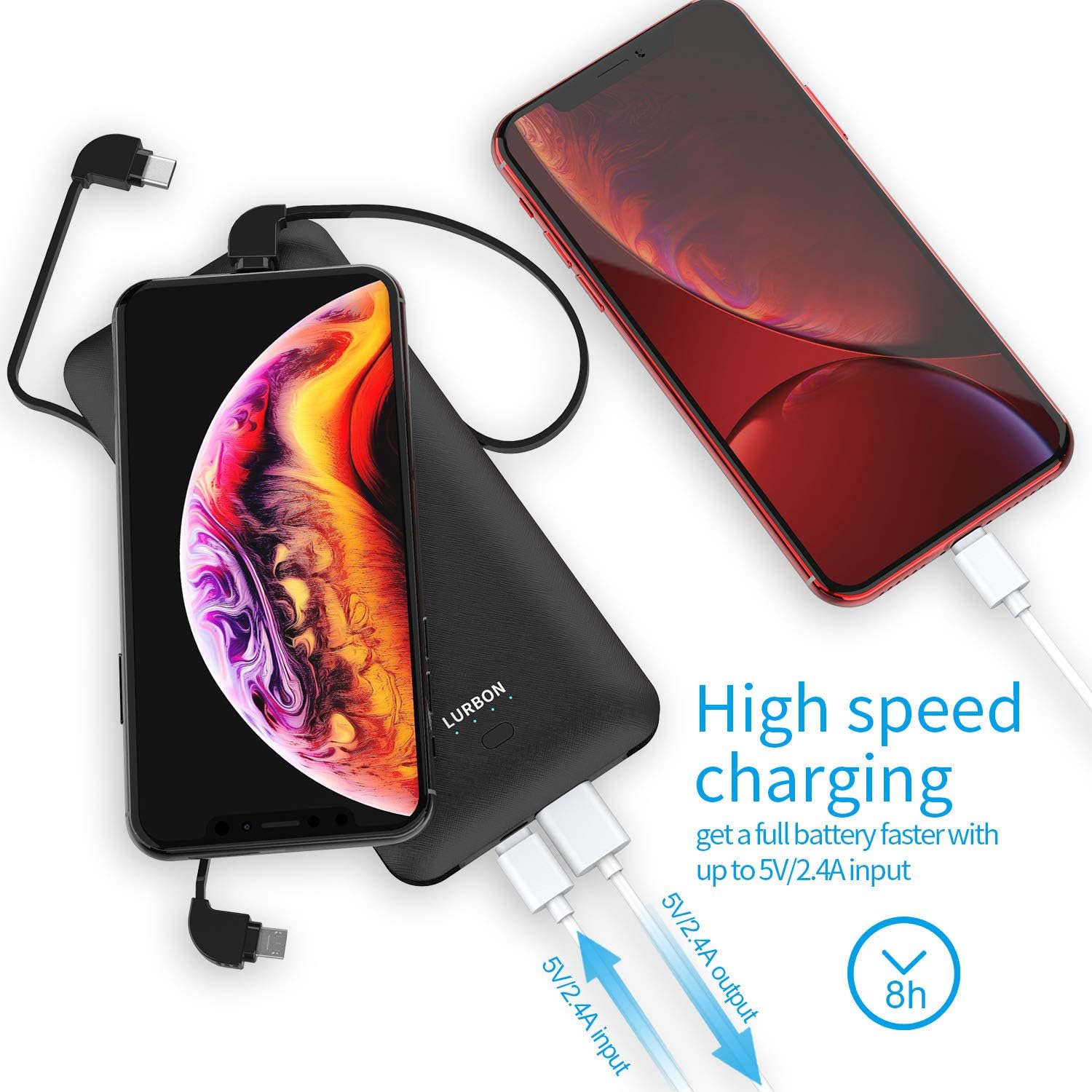 10000 mAh Portable Charger Power Bank,Slim External Battery Pack with Built in AC Wall Plug, USB C Cable Total 3 Different Cables Compatible with Cell Phone Tablet - Image 5