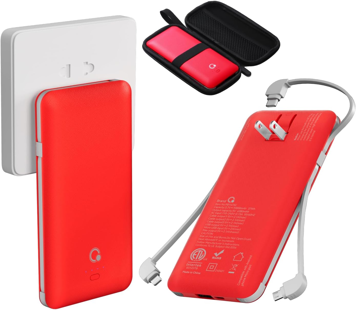 10000mAh Portable Charger, Slim USB B C Power Bank,4 Output External Battery Pack with Built-in AC Wall Plug Micro and USB C Three Cables Compatible with All mobilephone